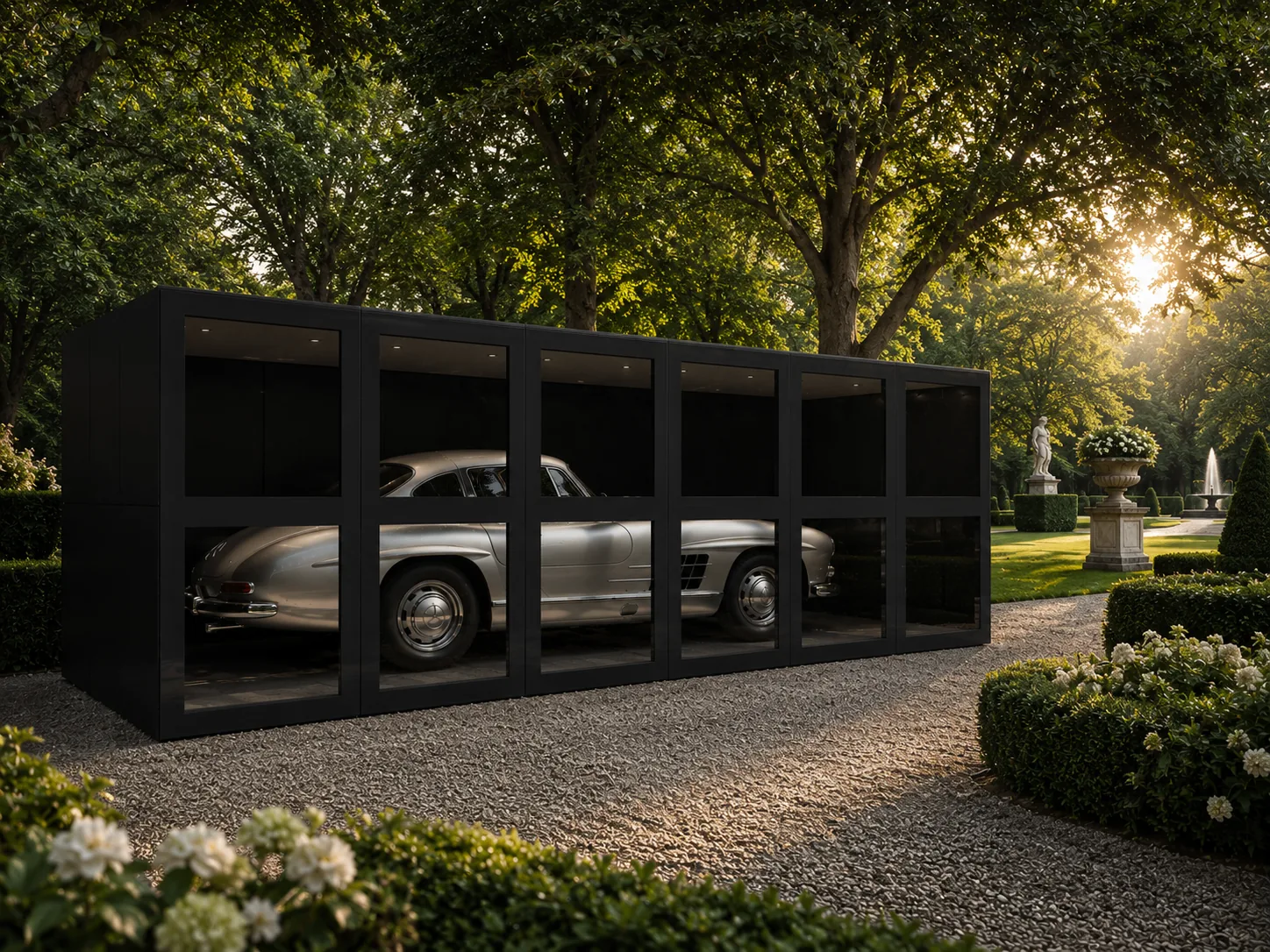 RO. zwarte glazen vitrine met klassieke Mercedes 300SL in een parktuin