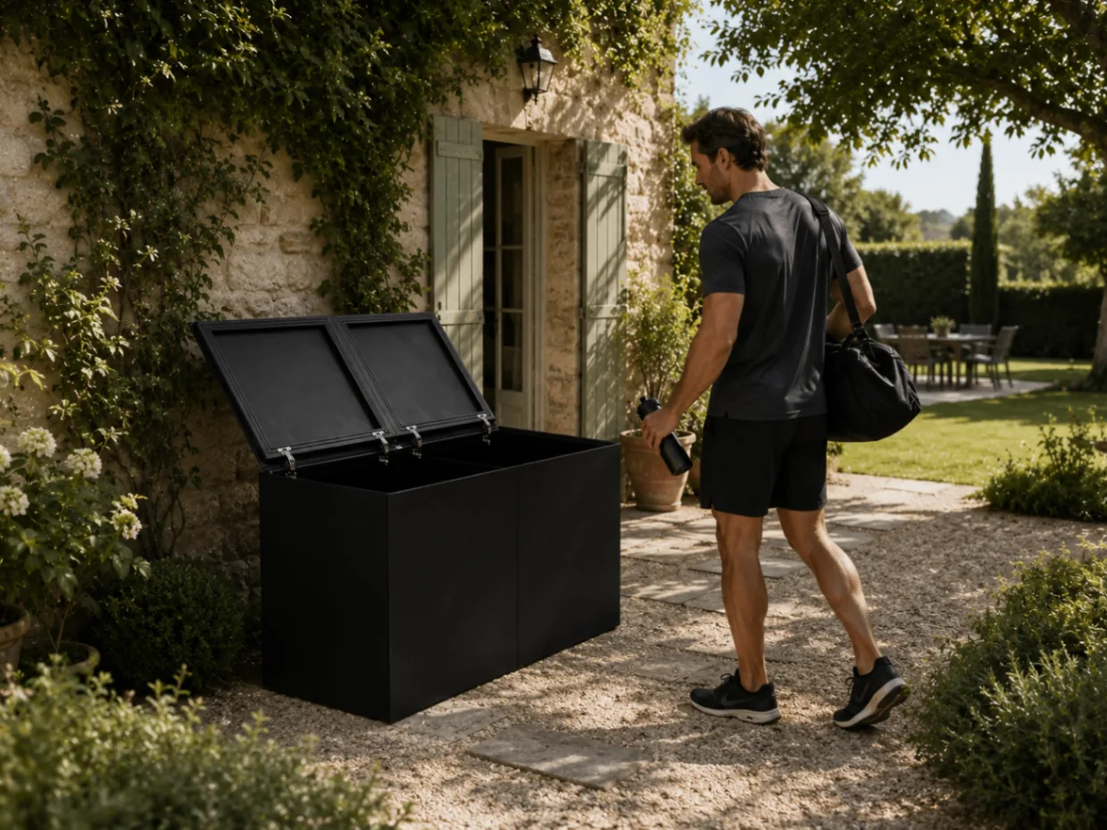 RO. module in landelijke tuin, opbergen van sporttas