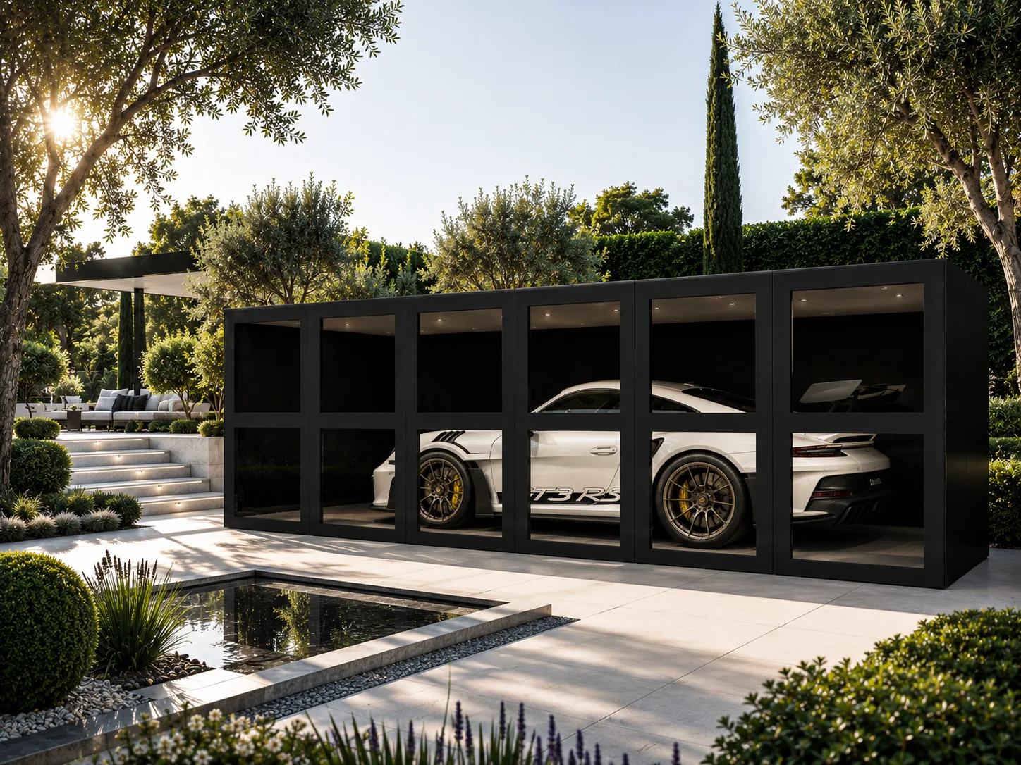 RO. modulaire aluminium buitenbergingen met glazen panelen in een verfijnde tuin met olijfbomen en cipressen
