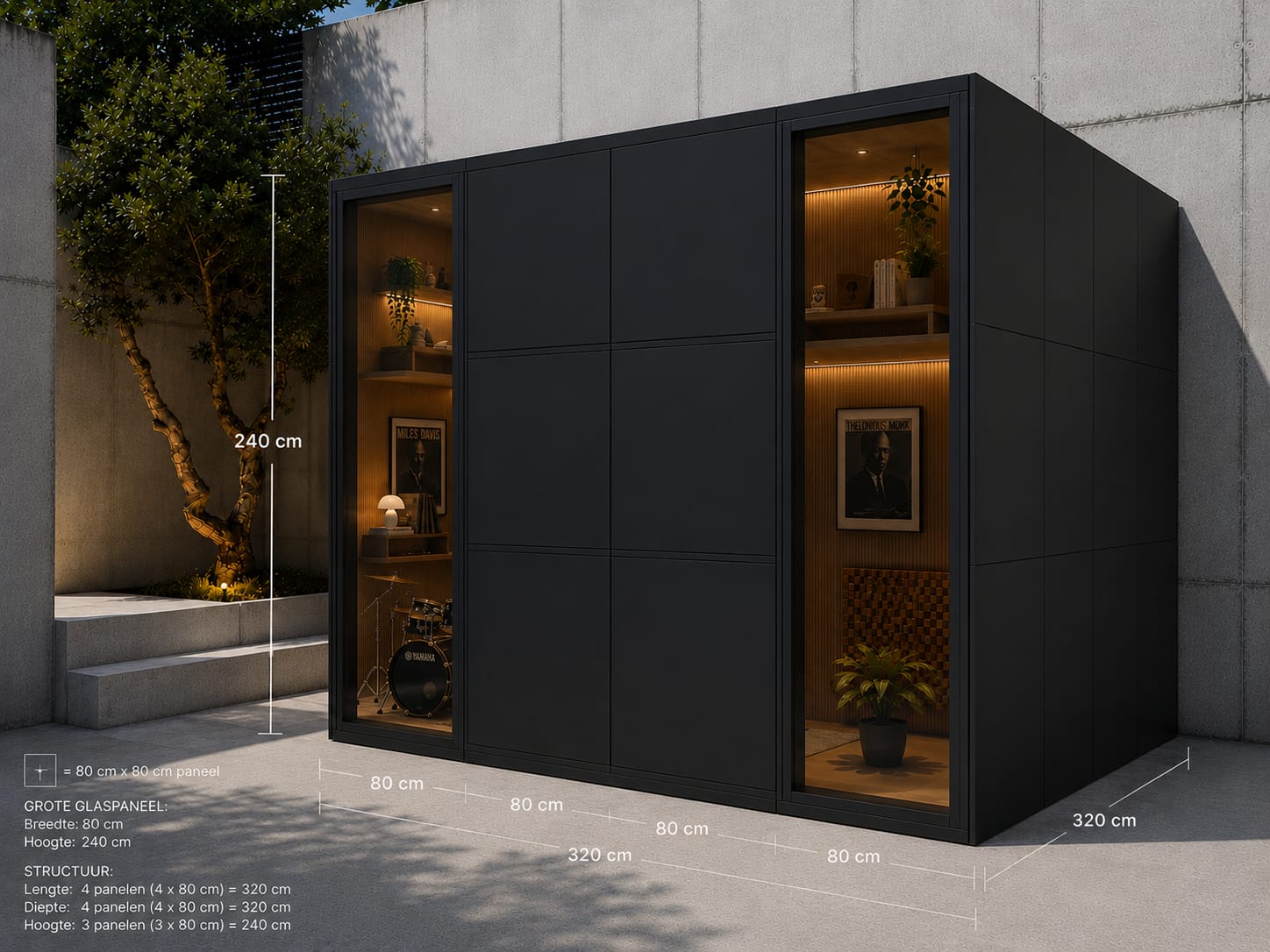 RO. aluminium studio module · glass panels reveal a warm interior, dimensions marked: 320 × 320 × 240 cm