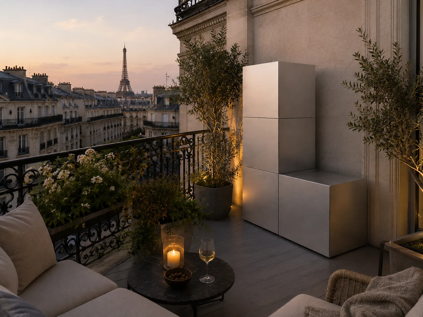 RO. rvs module op Parijs balkon met zicht op de Eiffeltoren bij zonsondergang