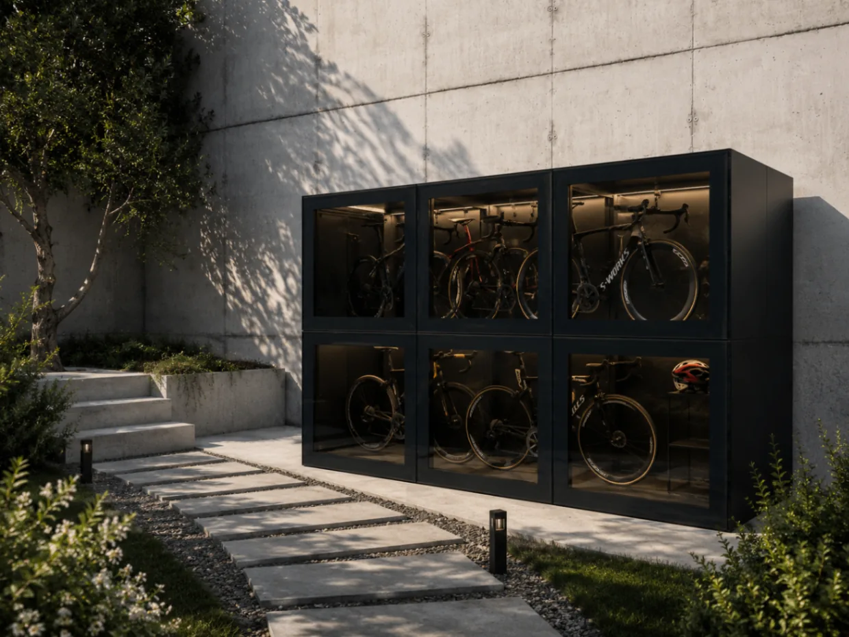 RO. fietsberging met glazen fronten, verlicht