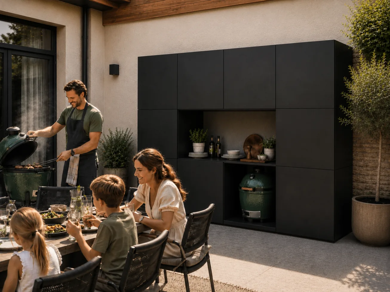 RO. outdoor keuken met Big Green Egg, familie aan tafel