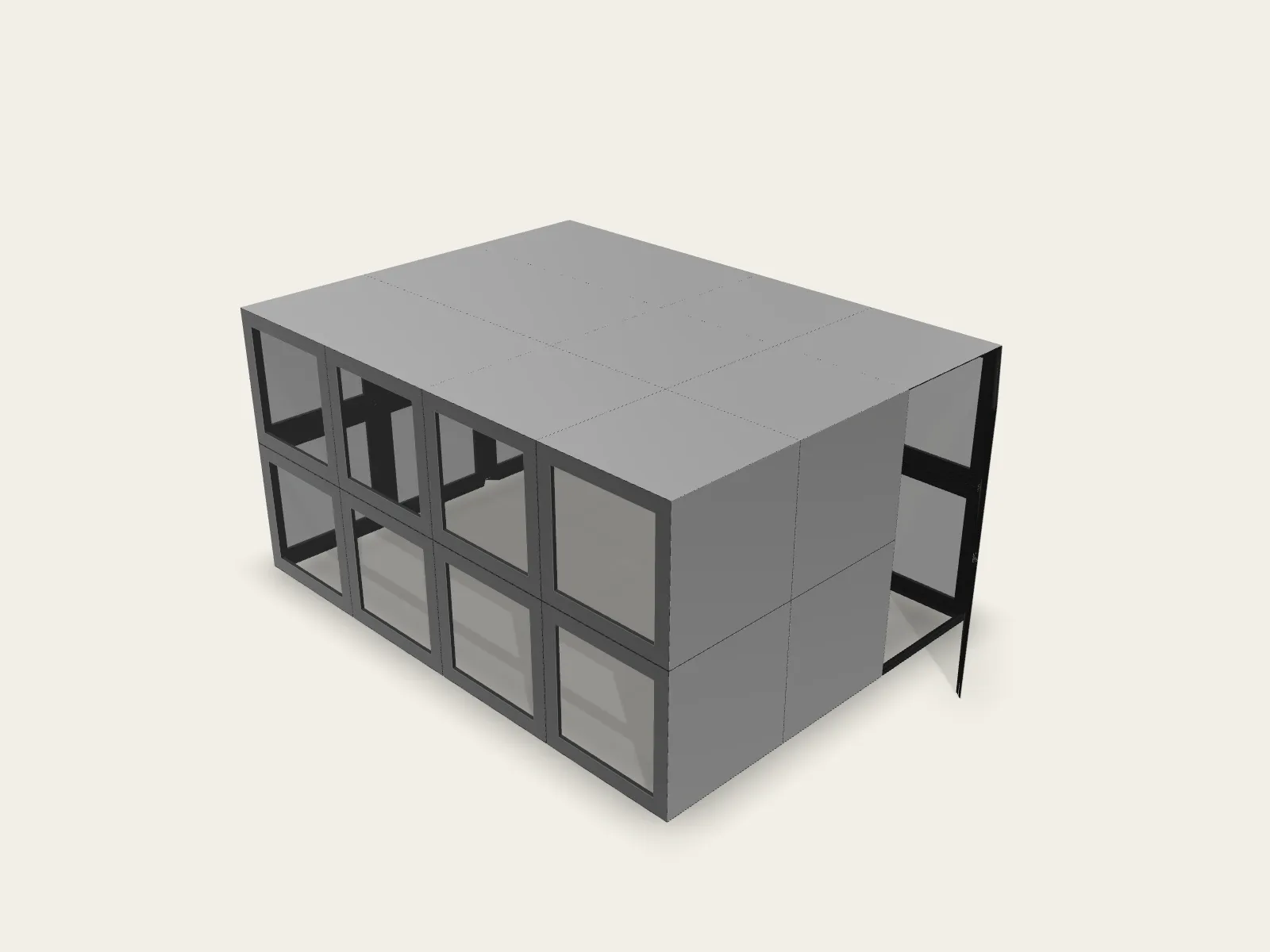 Low garden shed, 2×4×3 modules with glass wall