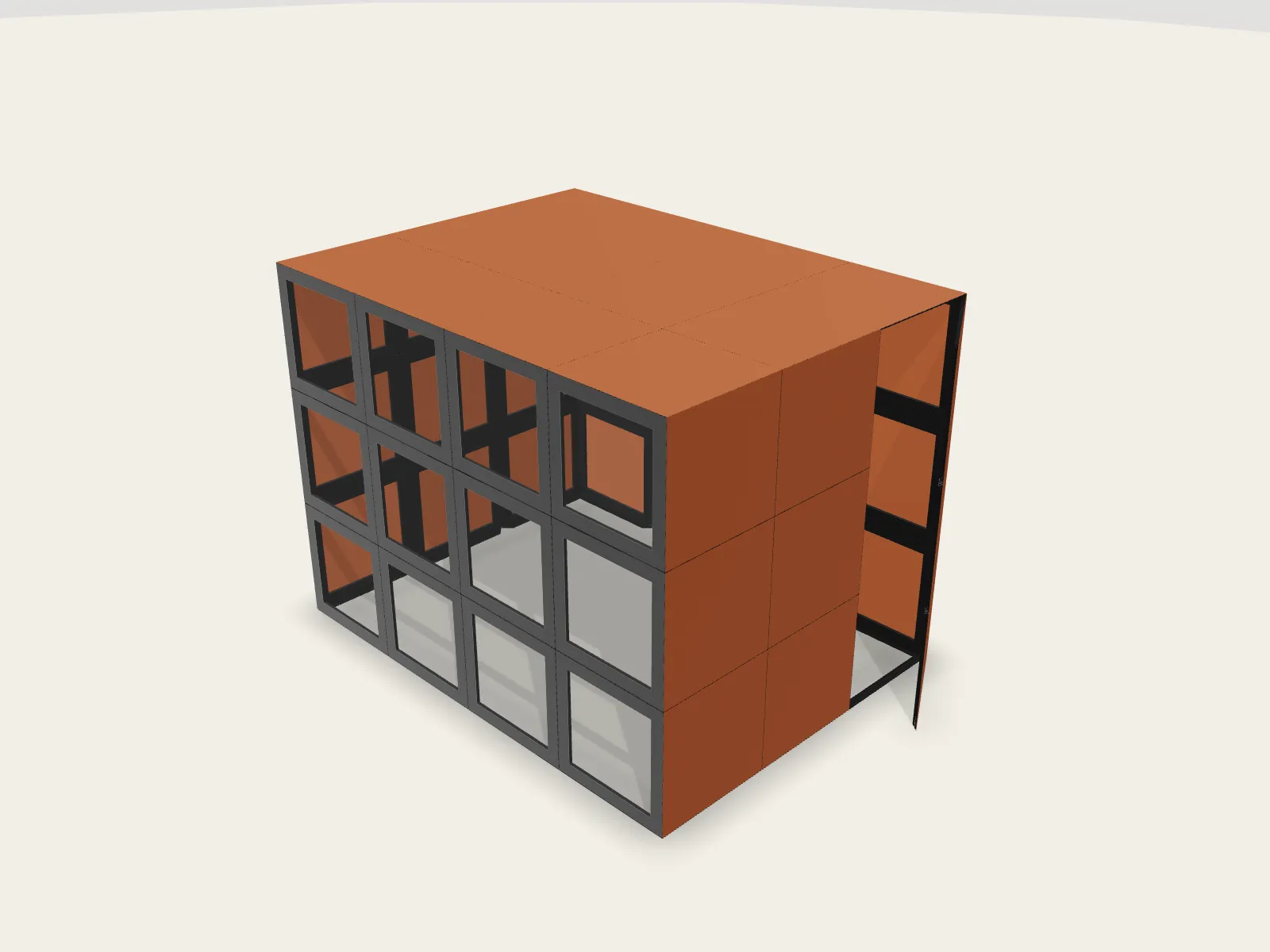 Tall garden shed, 3×4×3 modules with glass wall