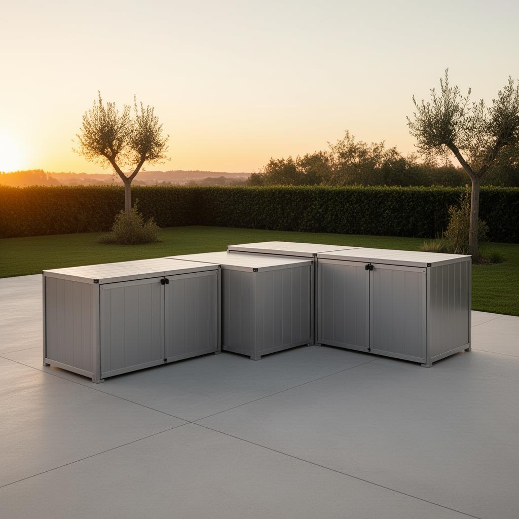 RO. modular aluminium units on a terrace at golden hour